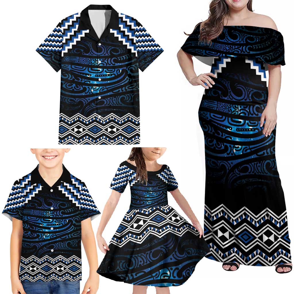 New Zealand Matariki Family Matching Off Shoulder Maxi Dress and Hawaiian Shirt Galaxy Styled Taniko