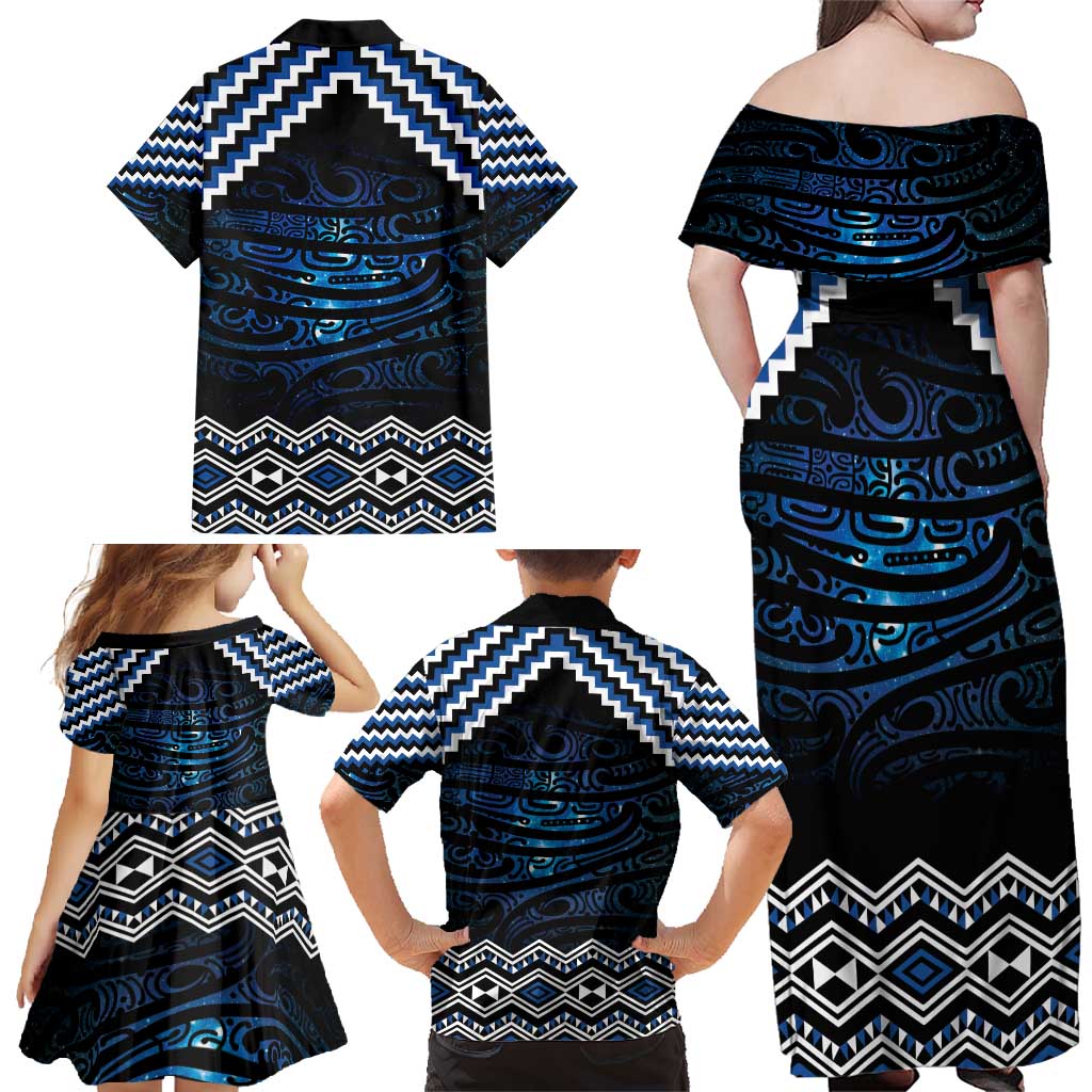 New Zealand Matariki Family Matching Off Shoulder Maxi Dress and Hawaiian Shirt Galaxy Styled Taniko