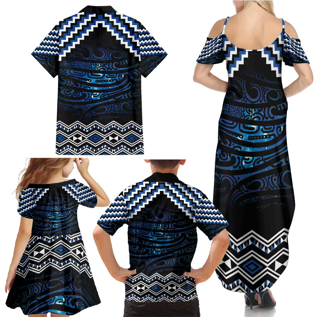 New Zealand Matariki Family Matching Summer Maxi Dress and Hawaiian Shirt Galaxy Styled Taniko