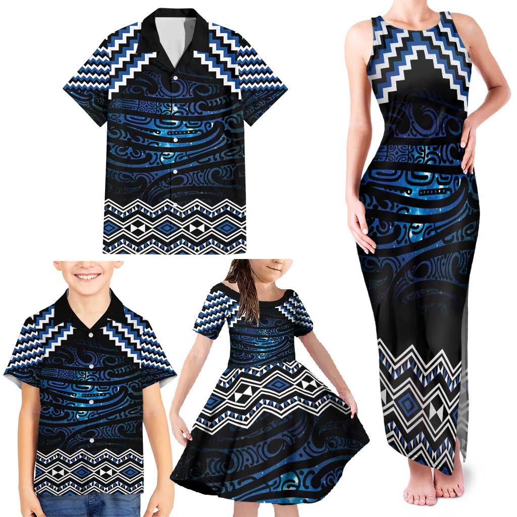 New Zealand Matariki Family Matching Tank Maxi Dress and Hawaiian Shirt Galaxy Styled Taniko