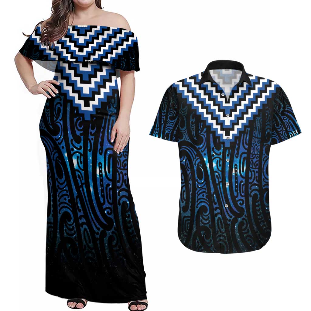 New Zealand Matariki Couples Matching Off Shoulder Maxi Dress and Hawaiian Shirt Galaxy Poutama Motifs