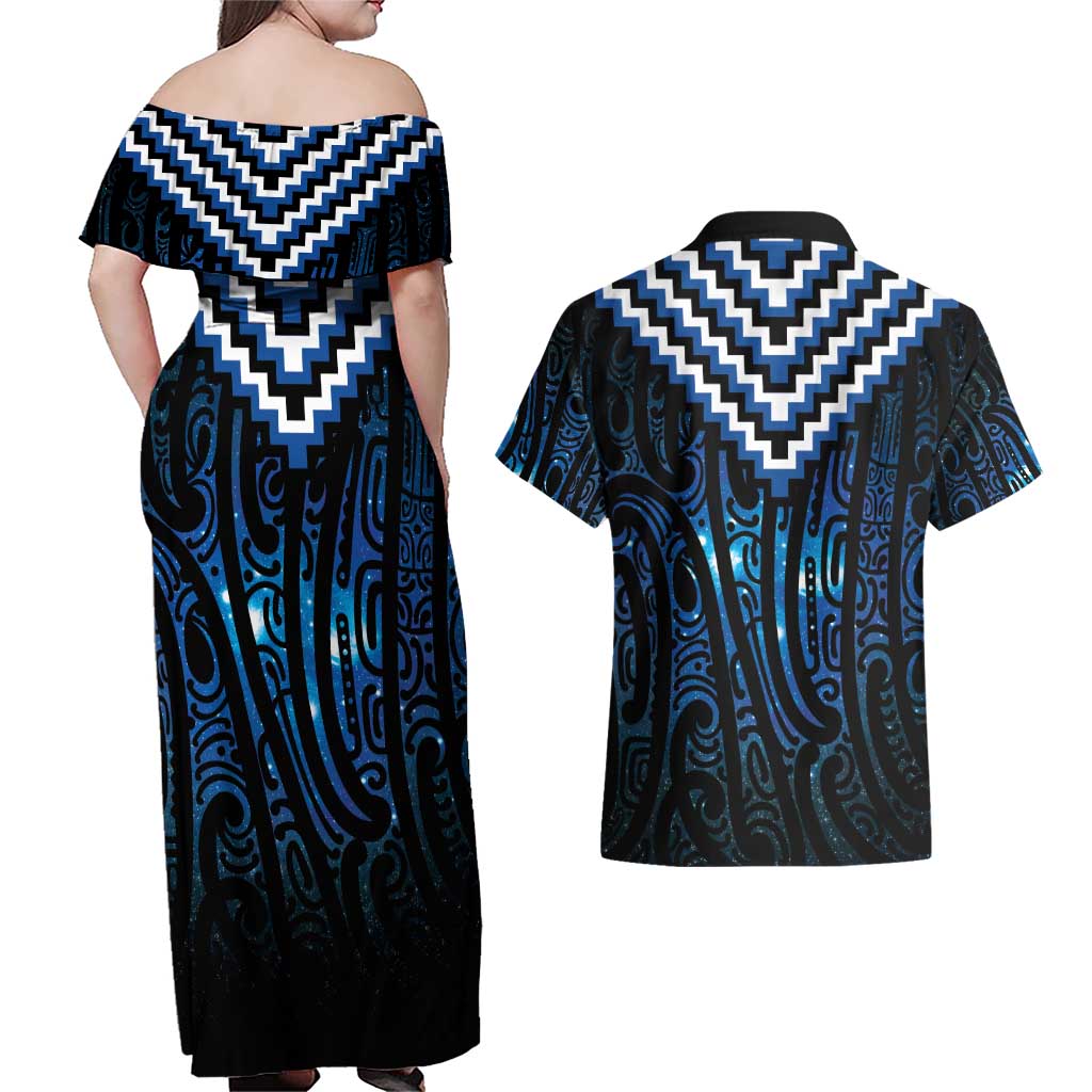 New Zealand Matariki Couples Matching Off Shoulder Maxi Dress and Hawaiian Shirt Galaxy Poutama Motifs