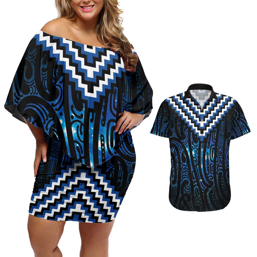 New Zealand Matariki Couples Matching Off Shoulder Short Dress and Hawaiian Shirt Galaxy Poutama Motifs