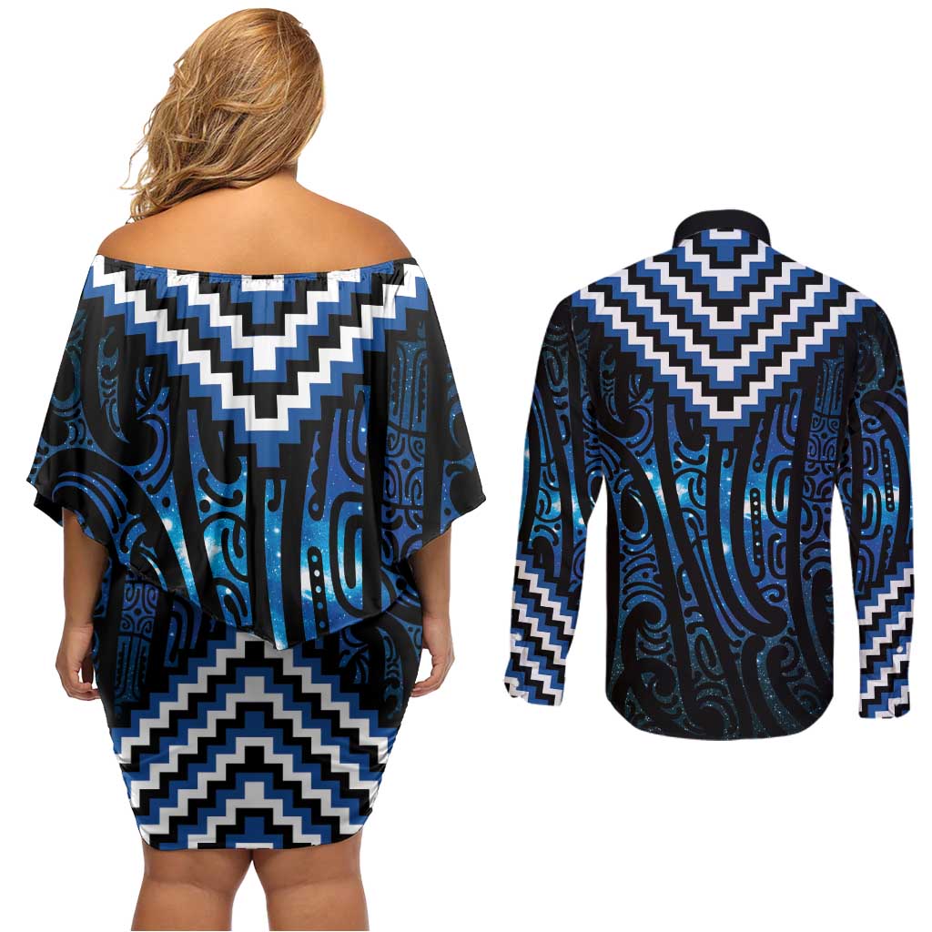 New Zealand Matariki Couples Matching Off Shoulder Short Dress and Long Sleeve Button Shirt Galaxy Poutama Motifs