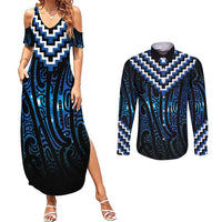 New Zealand Matariki Couples Matching Summer Maxi Dress and Long Sleeve Button Shirt Galaxy Poutama Motifs
