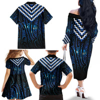 New Zealand Matariki Family Matching Off The Shoulder Long Sleeve Dress and Hawaiian Shirt Galaxy Poutama Motifs