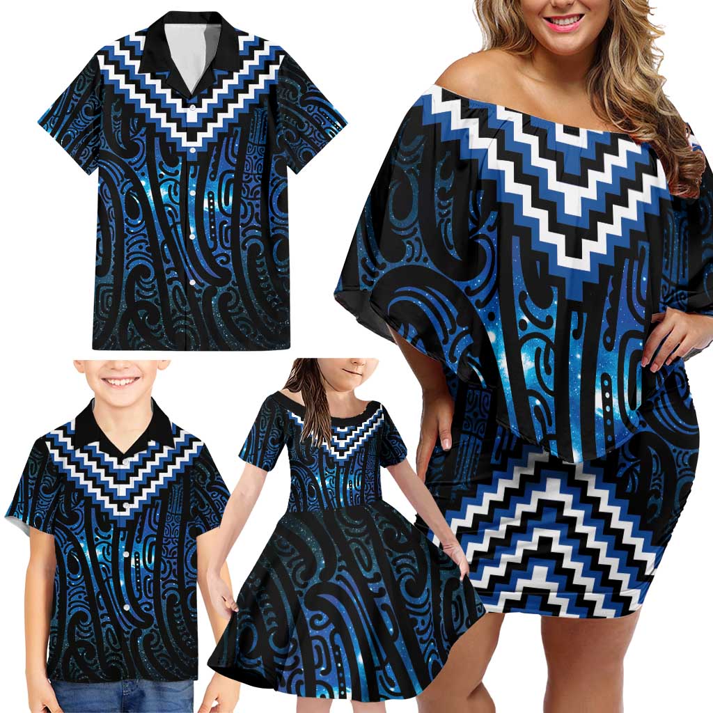 New Zealand Matariki Family Matching Off Shoulder Short Dress and Hawaiian Shirt Galaxy Poutama Motifs