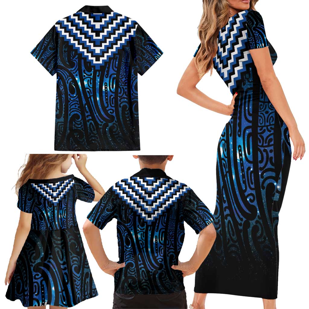 New Zealand Matariki Family Matching Short Sleeve Bodycon Dress and Hawaiian Shirt Galaxy Poutama Motifs