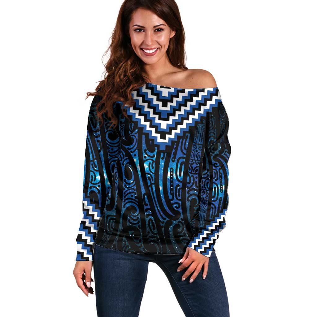 New Zealand Matariki Off Shoulder Sweater Galaxy Poutama Motifs