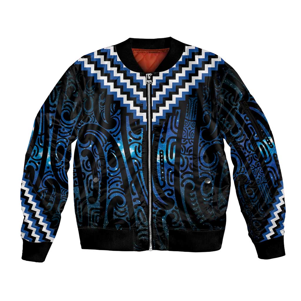 New Zealand Matariki Sleeve Zip Bomber Jacket Galaxy Poutama Motifs