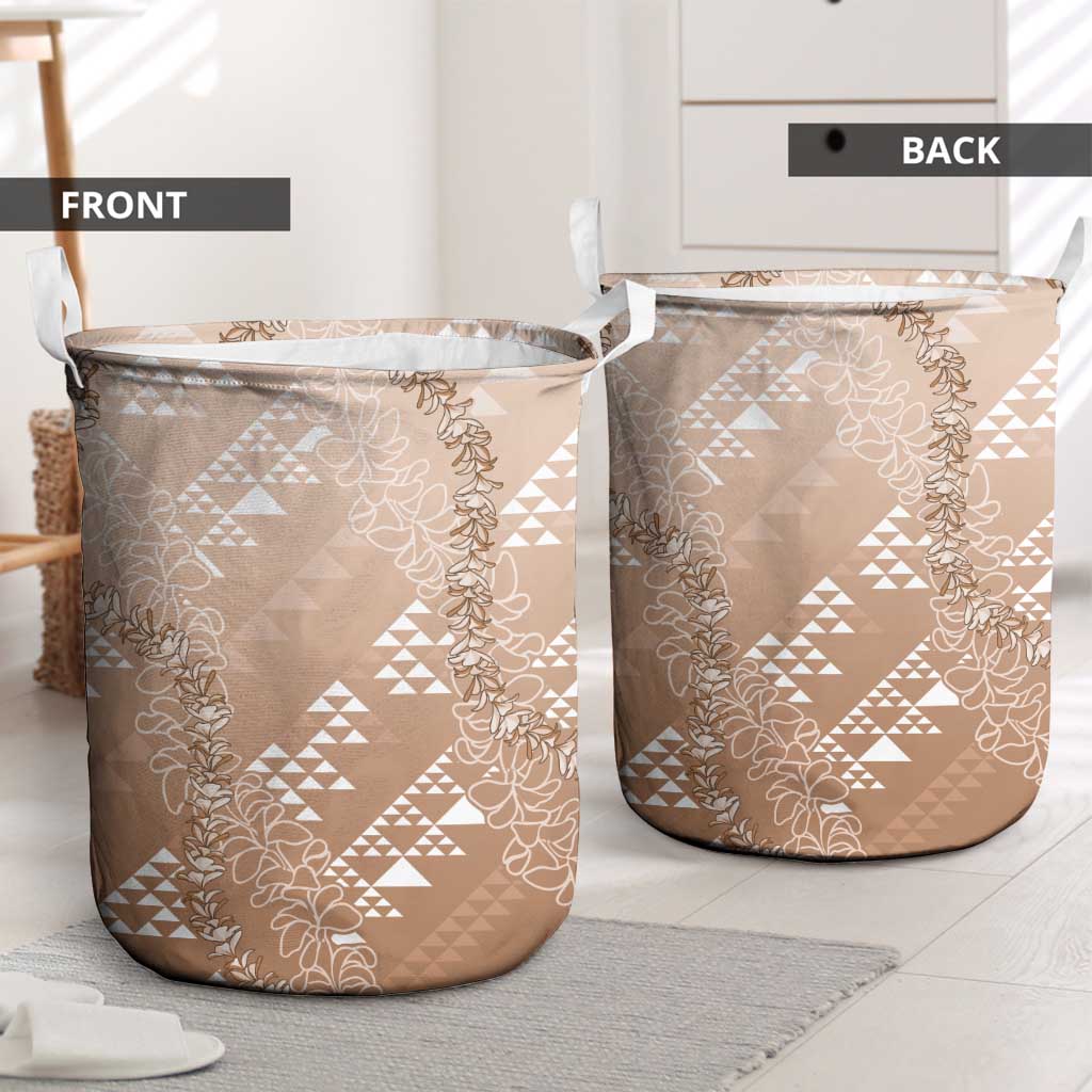 Hawaii Beige Kapa Laundry Basket Vintage 'Ohe Kāpala Motifs Mix Plumeria Leis LT7 - Polynesian Pride