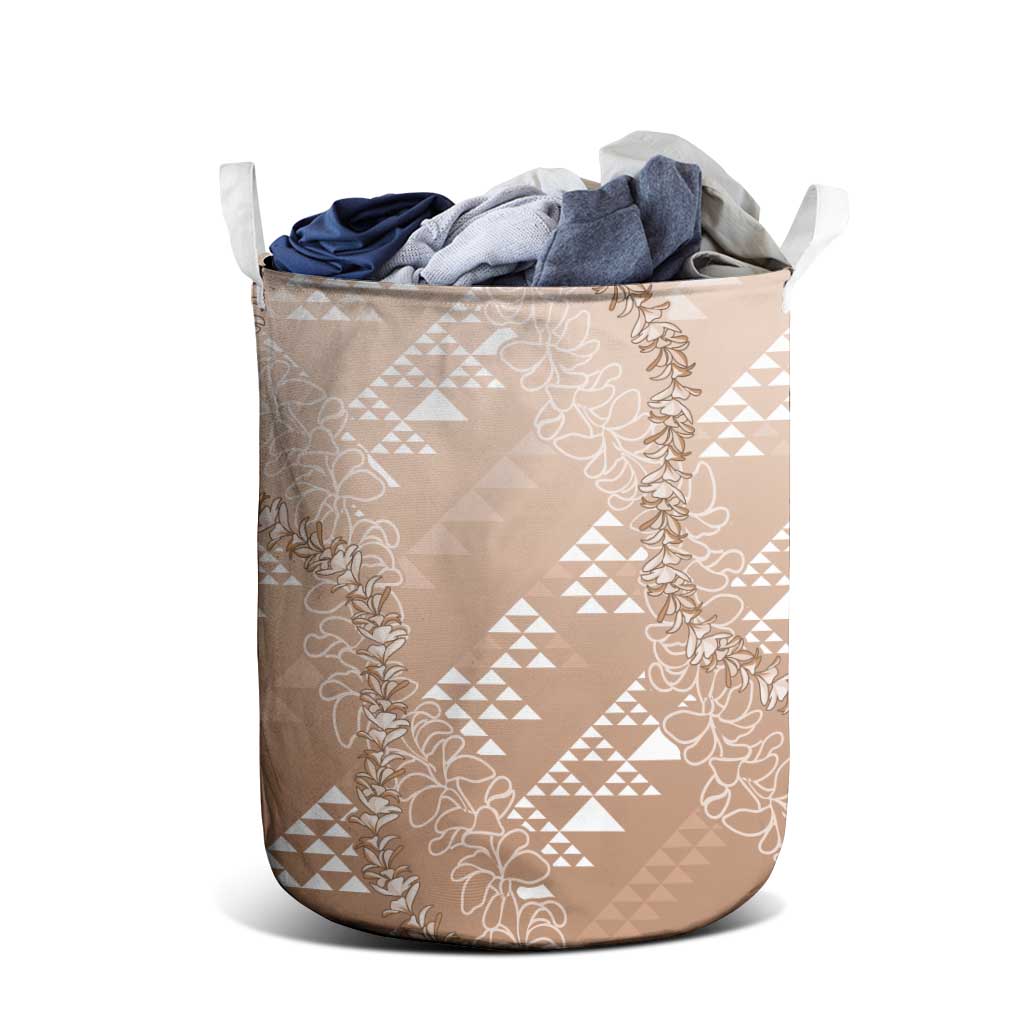 Hawaii Beige Kapa Laundry Basket Vintage 'Ohe Kāpala Motifs Mix Plumeria Leis LT7 - Polynesian Pride