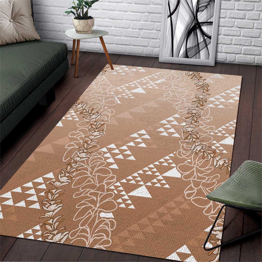 Hawaii Beige Kapa Area Rug Vintage 'Ohe Kāpala Motifs Mix Plumeria Leis