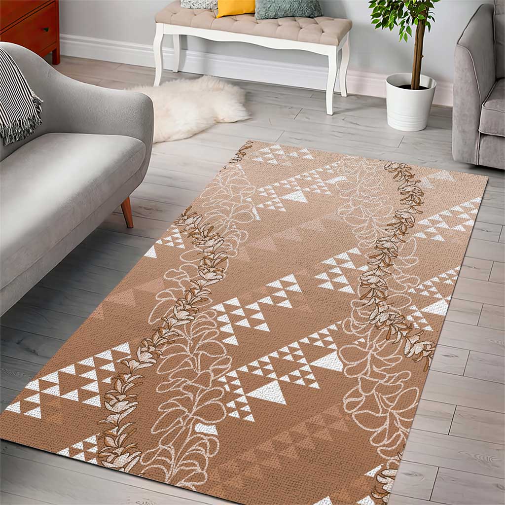 Hawaii Beige Kapa Area Rug Vintage 'Ohe Kāpala Motifs Mix Plumeria Leis