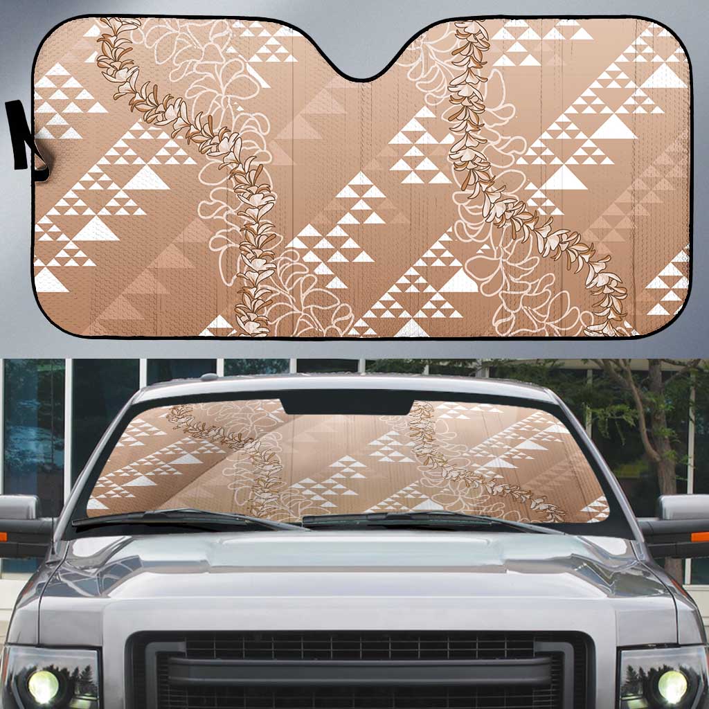 Hawaii Beige Kapa Auto Sun Shade Vintage 'Ohe Kāpala Motifs Mix Plumeria Leis LT7 Beige - Polynesian Pride