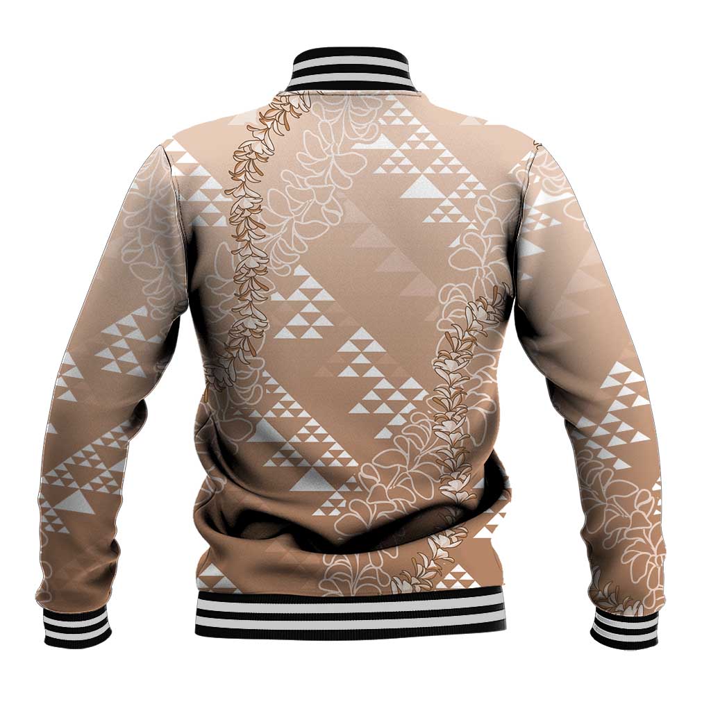 Hawaii Beige Kapa Baseball Jacket Vintage 'Ohe Kāpala Motifs Mix Plumeria Leis LT7 - Polynesian Pride