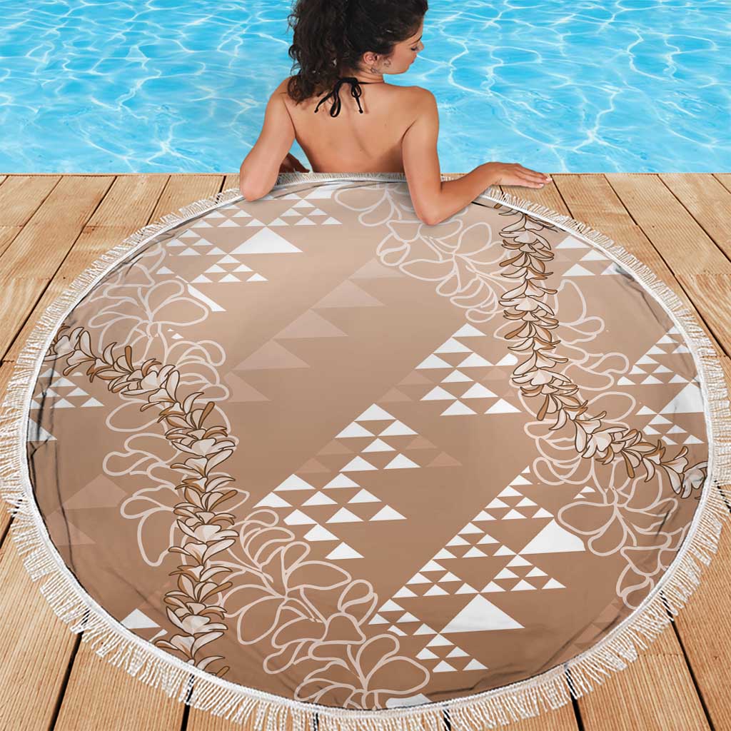 Hawaii Beige Kapa Beach Blanket Vintage 'Ohe Kāpala Motifs Mix Plumeria Leis LT7 - Polynesian Pride