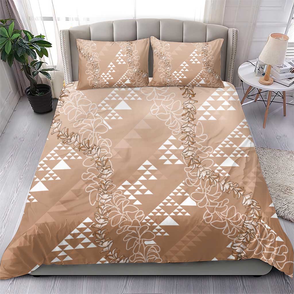Hawaii Beige Kapa Bedding Set Vintage 'Ohe Kāpala Motifs Mix Plumeria Leis LT7 - Polynesian Pride