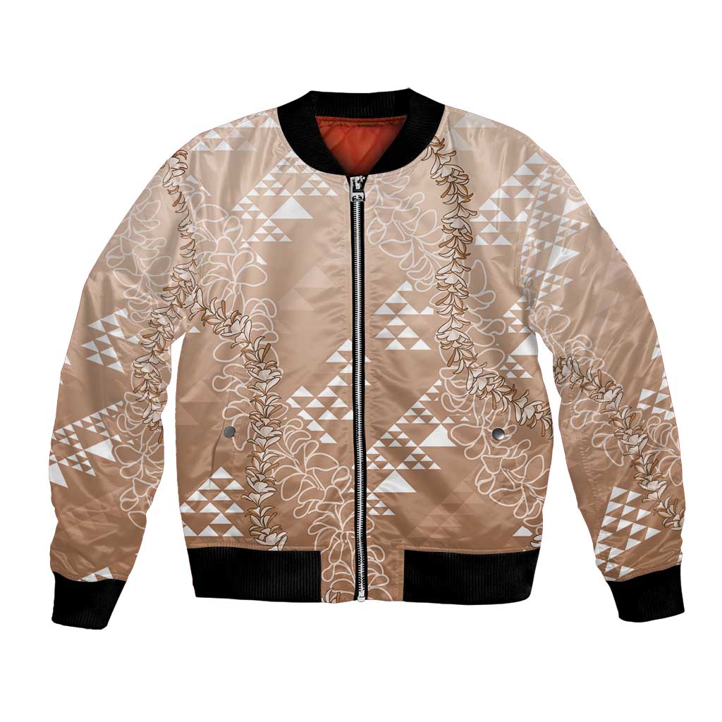 Hawaii Beige Kapa Bomber Jacket Vintage 'Ohe Kāpala Motifs Mix Plumeria Leis LT7 Unisex Beige - Polynesian Pride