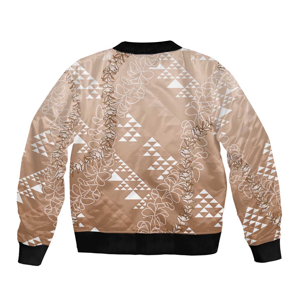 Hawaii Beige Kapa Bomber Jacket Vintage 'Ohe Kāpala Motifs Mix Plumeria Leis LT7 - Polynesian Pride