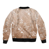 Hawaii Beige Kapa Bomber Jacket Vintage 'Ohe Kāpala Motifs Mix Plumeria Leis LT7 - Polynesian Pride
