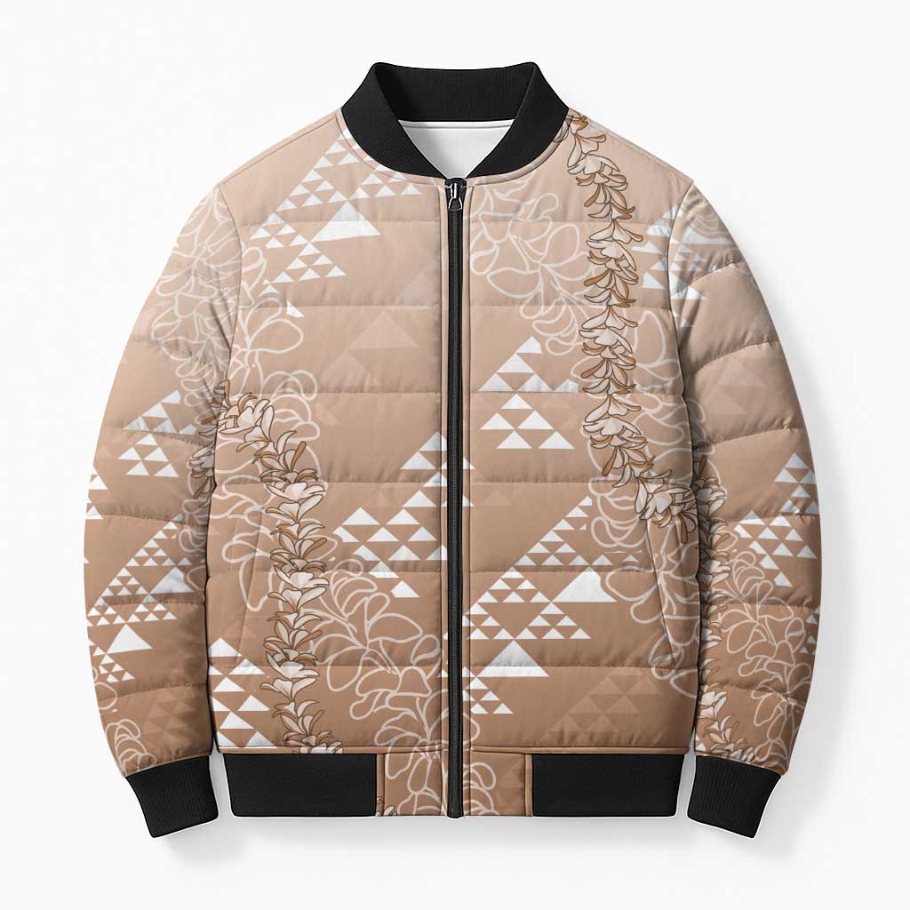 Hawaii Beige Kapa Bomber Puffer Jacket Vintage 'Ohe Kāpala Motifs Mix Plumeria Leis LT7 Unisex Beige - Polynesian Pride