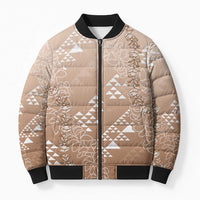 Hawaii Beige Kapa Bomber Puffer Jacket Vintage 'Ohe Kāpala Motifs Mix Plumeria Leis LT7 Unisex Beige - Polynesian Pride