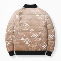 Hawaii Beige Kapa Bomber Puffer Jacket Vintage 'Ohe Kāpala Motifs Mix Plumeria Leis LT7 - Polynesian Pride