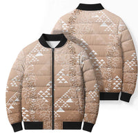 Hawaii Beige Kapa Bomber Puffer Jacket Vintage 'Ohe Kāpala Motifs Mix Plumeria Leis LT7 - Polynesian Pride