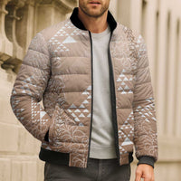 Hawaii Beige Kapa Bomber Puffer Jacket Vintage 'Ohe Kāpala Motifs Mix Plumeria Leis LT7 - Polynesian Pride