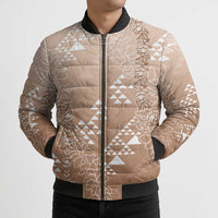 Hawaii Beige Kapa Bomber Puffer Jacket Vintage 'Ohe Kāpala Motifs Mix Plumeria Leis LT7 - Polynesian Pride