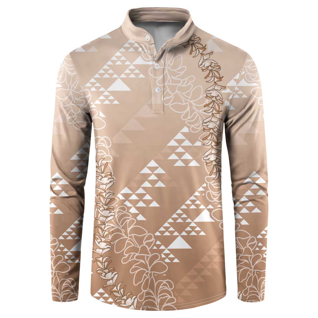 Hawaii Beige Kapa Button Sweatshirt Vintage 'Ohe Kāpala Motifs Mix Plumeria Leis LT7 Beige - Polynesian Pride