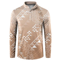 Hawaii Beige Kapa Button Sweatshirt Vintage 'Ohe Kāpala Motifs Mix Plumeria Leis LT7 Beige - Polynesian Pride