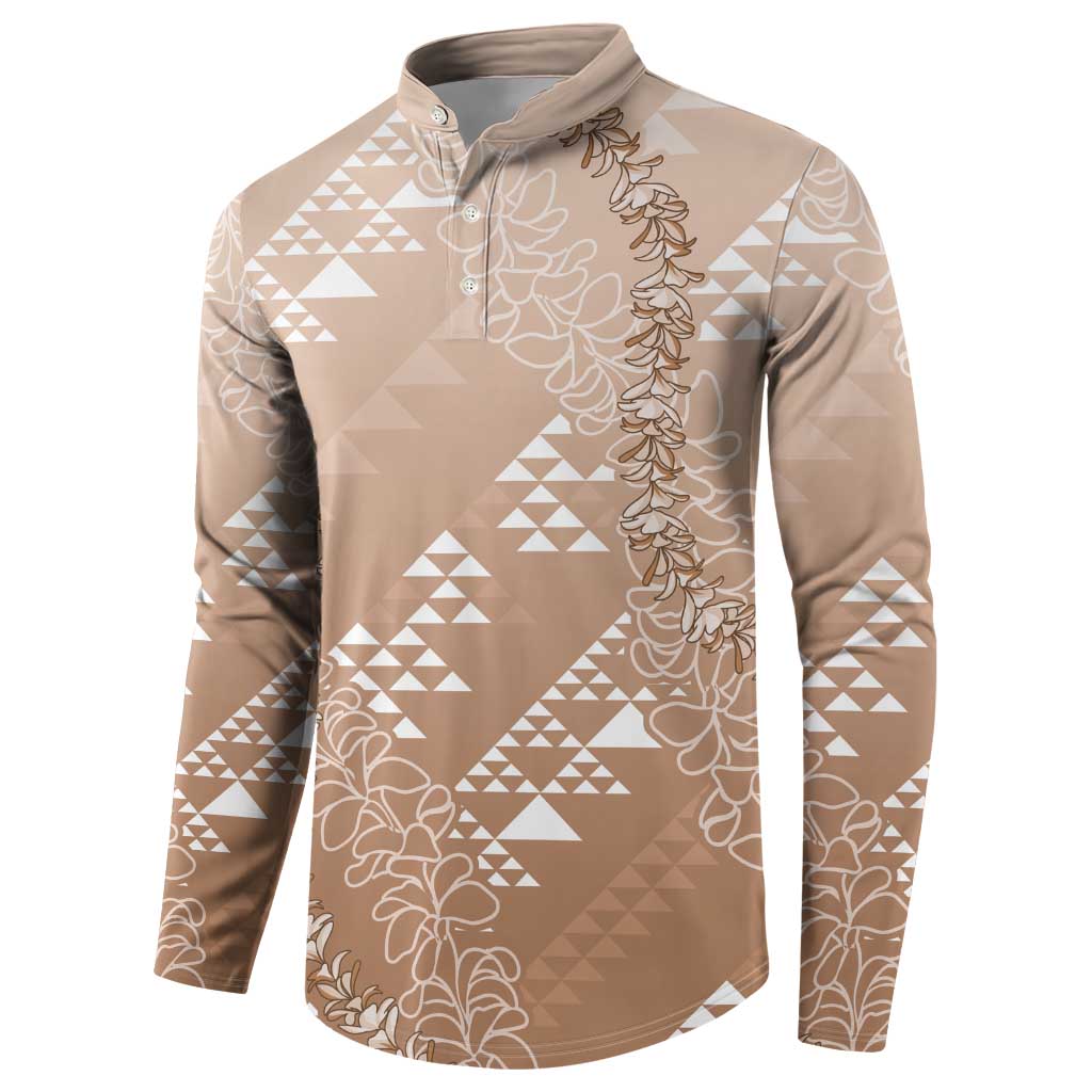 Hawaii Beige Kapa Button Sweatshirt Vintage 'Ohe Kāpala Motifs Mix Plumeria Leis LT7 - Polynesian Pride
