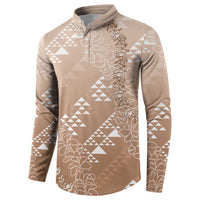 Hawaii Beige Kapa Button Sweatshirt Vintage 'Ohe Kāpala Motifs Mix Plumeria Leis LT7 - Polynesian Pride