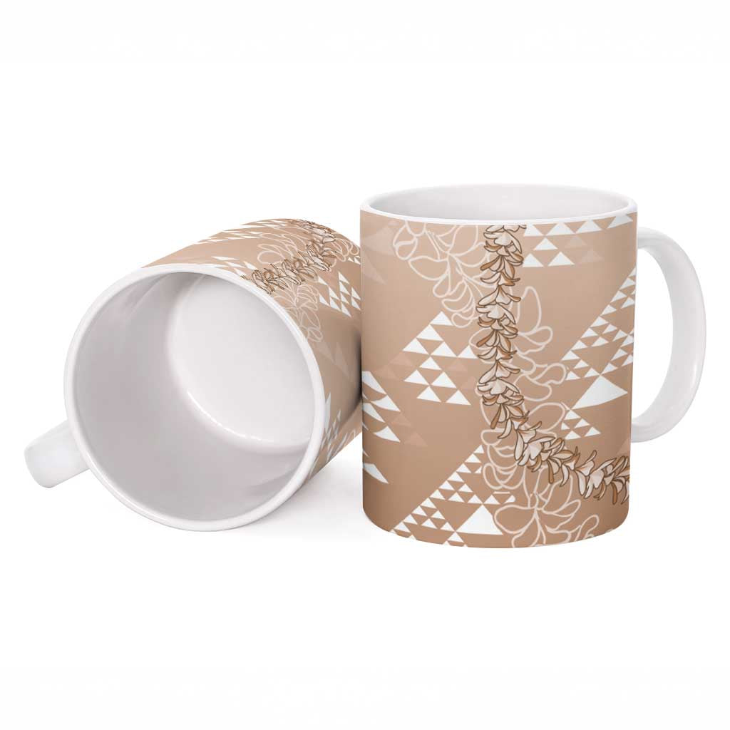 Hawaii Beige Kapa Ceramic Mug Vintage 'Ohe Kāpala Motifs Mix Plumeria Leis LT7 - Polynesian Pride