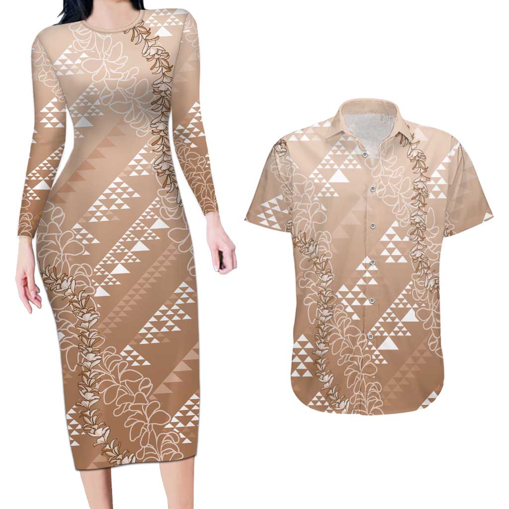 Hawaii Beige Kapa Couples Matching Long Sleeve Bodycon Dress and Hawaiian Shirt Vintage 'Ohe Kāpala Motifs Mix Plumeria Leis LT7 Beige - Polynesian Pride