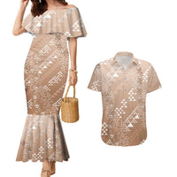 Hawaii Beige Kapa Couples Matching Mermaid Dress and Hawaiian Shirt Vintage 'Ohe Kāpala Motifs Mix Plumeria Leis