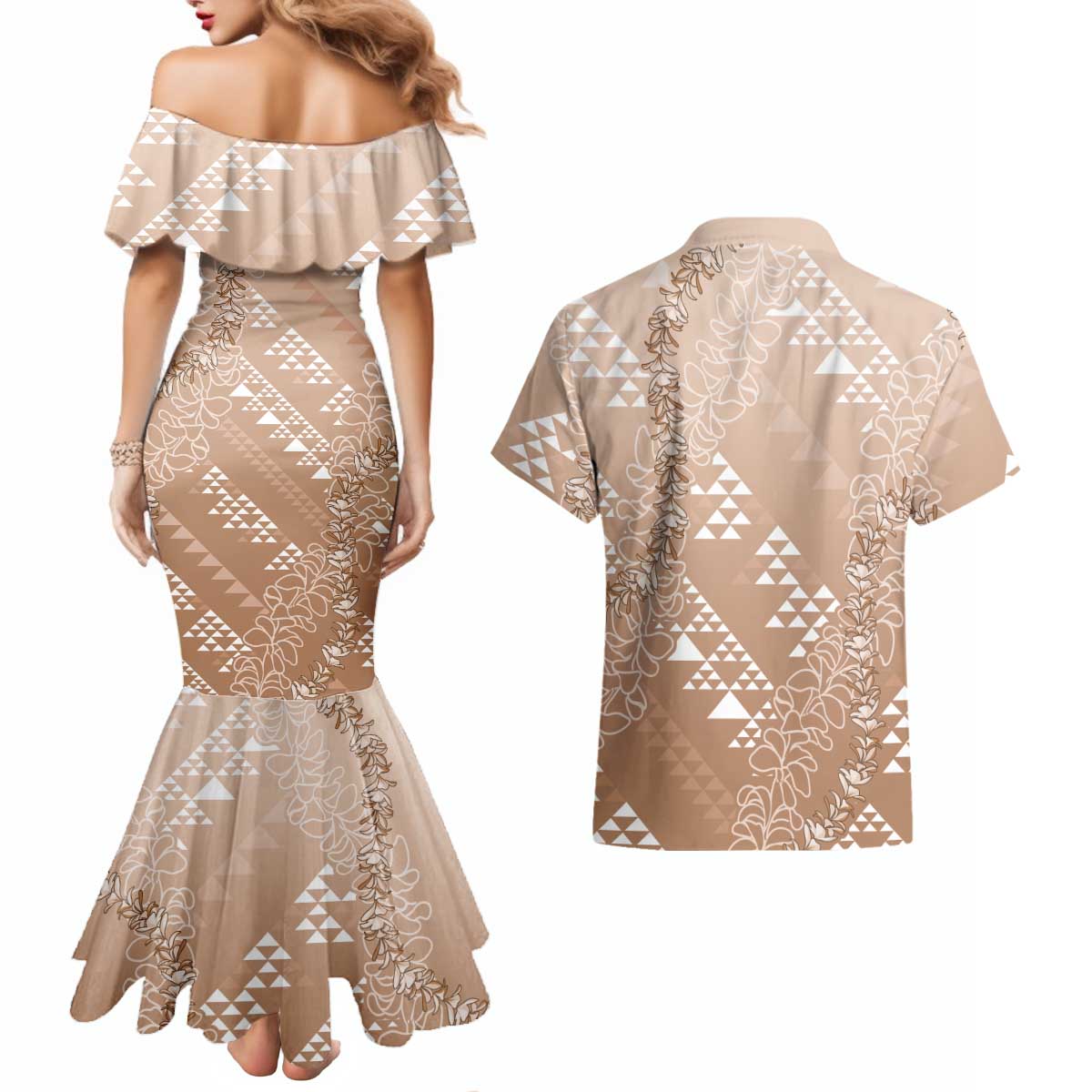 Hawaii Beige Kapa Couples Matching Mermaid Dress and Hawaiian Shirt Vintage 'Ohe Kāpala Motifs Mix Plumeria Leis