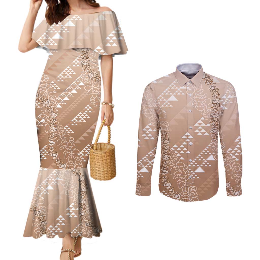 Hawaii Beige Kapa Couples Matching Mermaid Dress and Long Sleeve Button Shirt Vintage 'Ohe Kāpala Motifs Mix Plumeria Leis LT7 Beige - Polynesian Pride