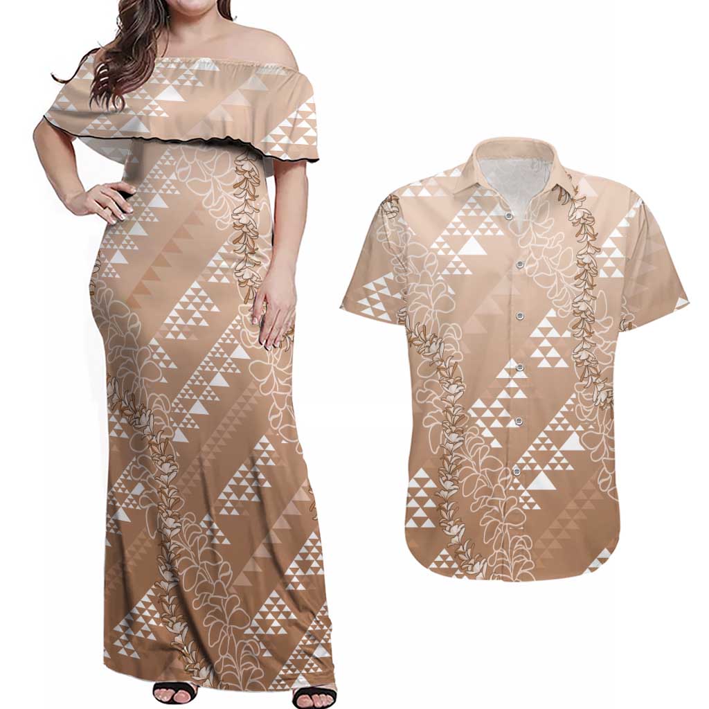 Hawaii Beige Kapa Couples Matching Off Shoulder Maxi Dress and Hawaiian Shirt Vintage 'Ohe Kāpala Motifs Mix Plumeria Leis LT7 Beige - Polynesian Pride