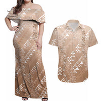 Hawaii Beige Kapa Couples Matching Off Shoulder Maxi Dress and Hawaiian Shirt Vintage 'Ohe Kāpala Motifs Mix Plumeria Leis