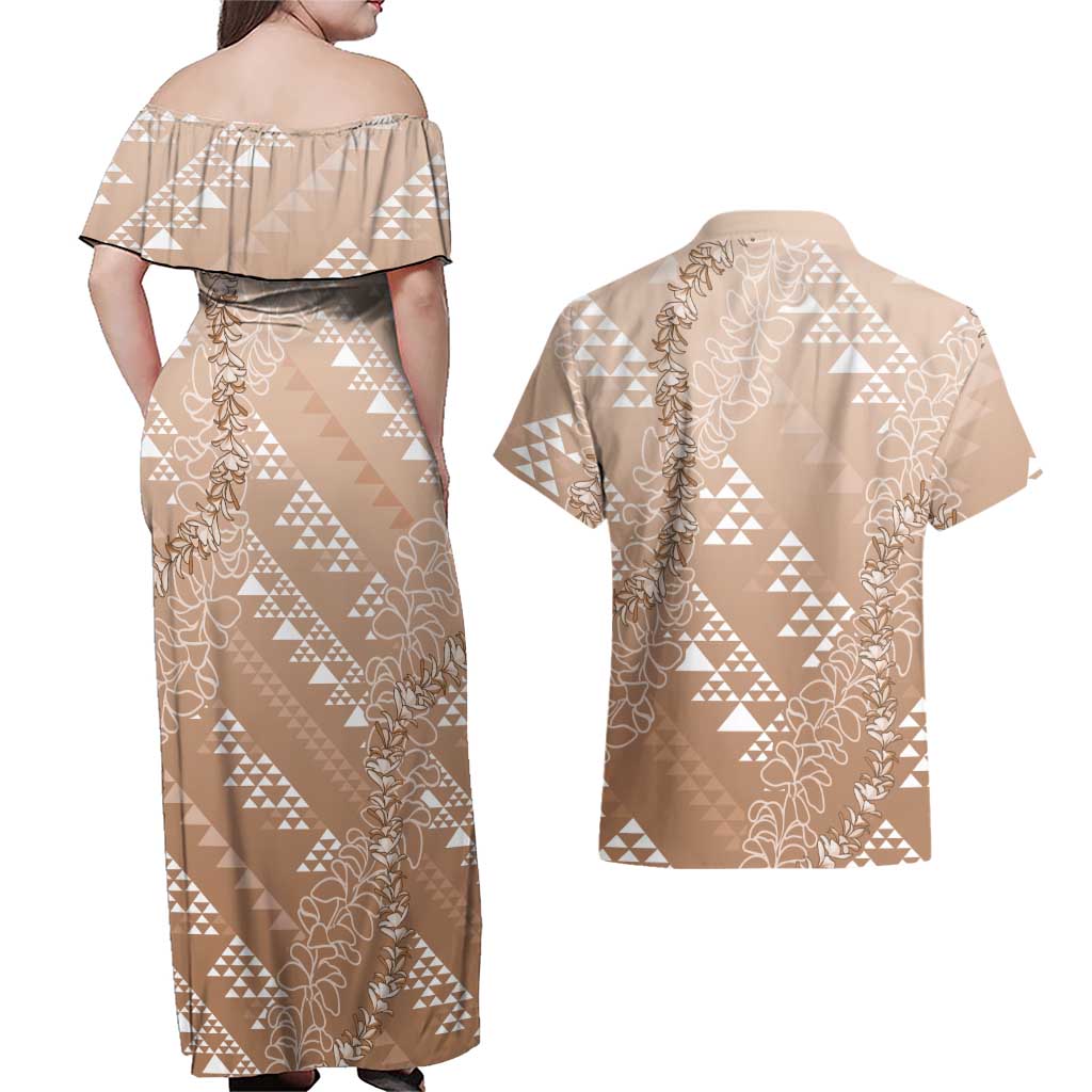 Hawaii Beige Kapa Couples Matching Off Shoulder Maxi Dress and Hawaiian Shirt Vintage 'Ohe Kāpala Motifs Mix Plumeria Leis