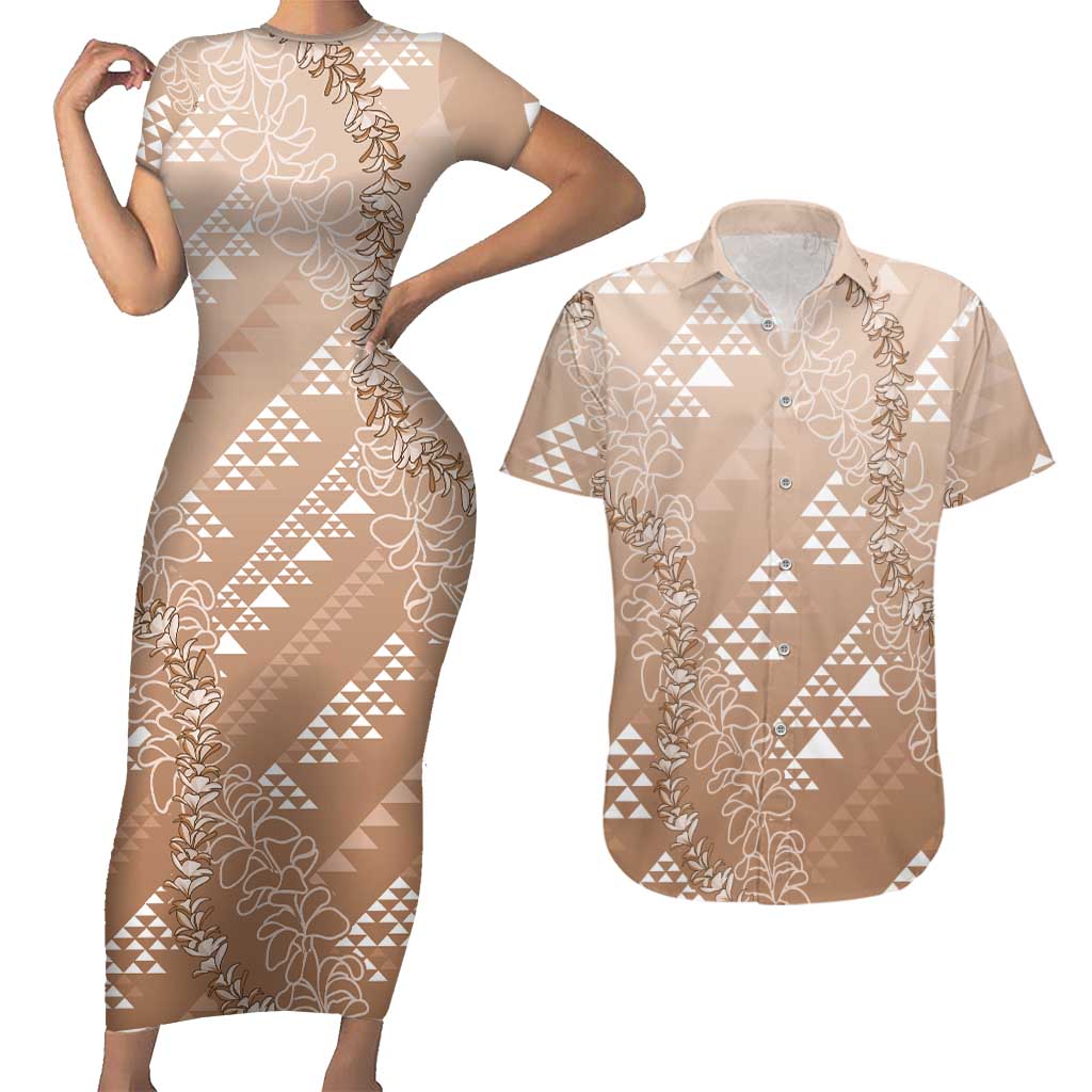 Hawaii Beige Kapa Couples Matching Short Sleeve Bodycon Dress and Hawaiian Shirt Vintage 'Ohe Kāpala Motifs Mix Plumeria Leis LT7 Beige - Polynesian Pride