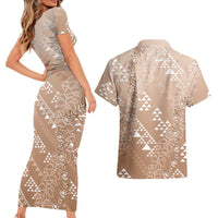 Hawaii Beige Kapa Couples Matching Short Sleeve Bodycon Dress and Hawaiian Shirt Vintage 'Ohe Kāpala Motifs Mix Plumeria Leis