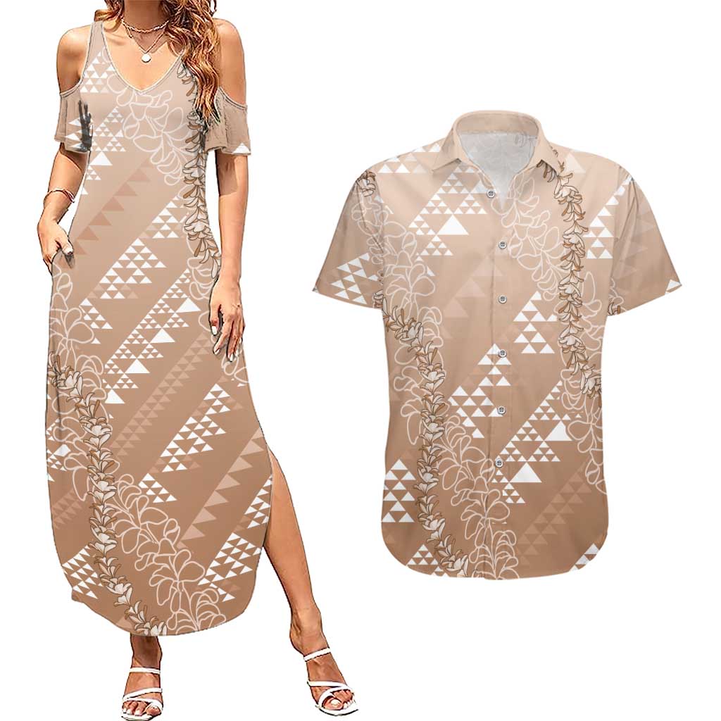 Hawaii Beige Kapa Couples Matching Summer Maxi Dress and Hawaiian Shirt Vintage 'Ohe Kāpala Motifs Mix Plumeria Leis LT7 Beige - Polynesian Pride