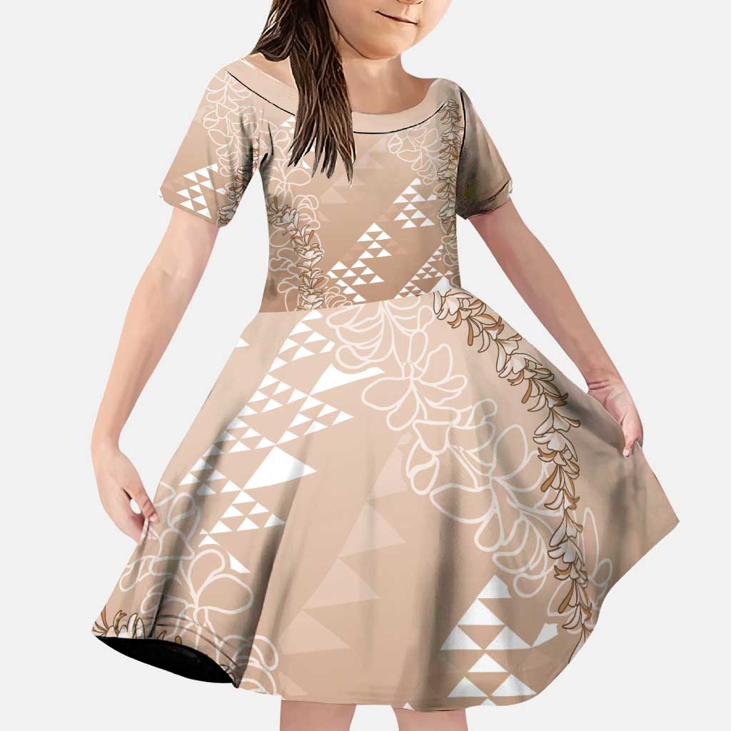 Hawaii Beige Kapa Family Matching Long Sleeve Bodycon Dress and Hawaiian Shirt Vintage 'Ohe Kāpala Motifs Mix Plumeria Leis