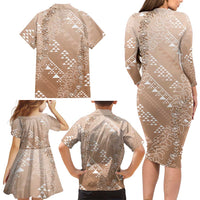 Hawaii Beige Kapa Family Matching Long Sleeve Bodycon Dress and Hawaiian Shirt Vintage 'Ohe Kāpala Motifs Mix Plumeria Leis