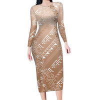 Hawaii Beige Kapa Family Matching Long Sleeve Bodycon Dress and Hawaiian Shirt Vintage 'Ohe Kāpala Motifs Mix Plumeria Leis
