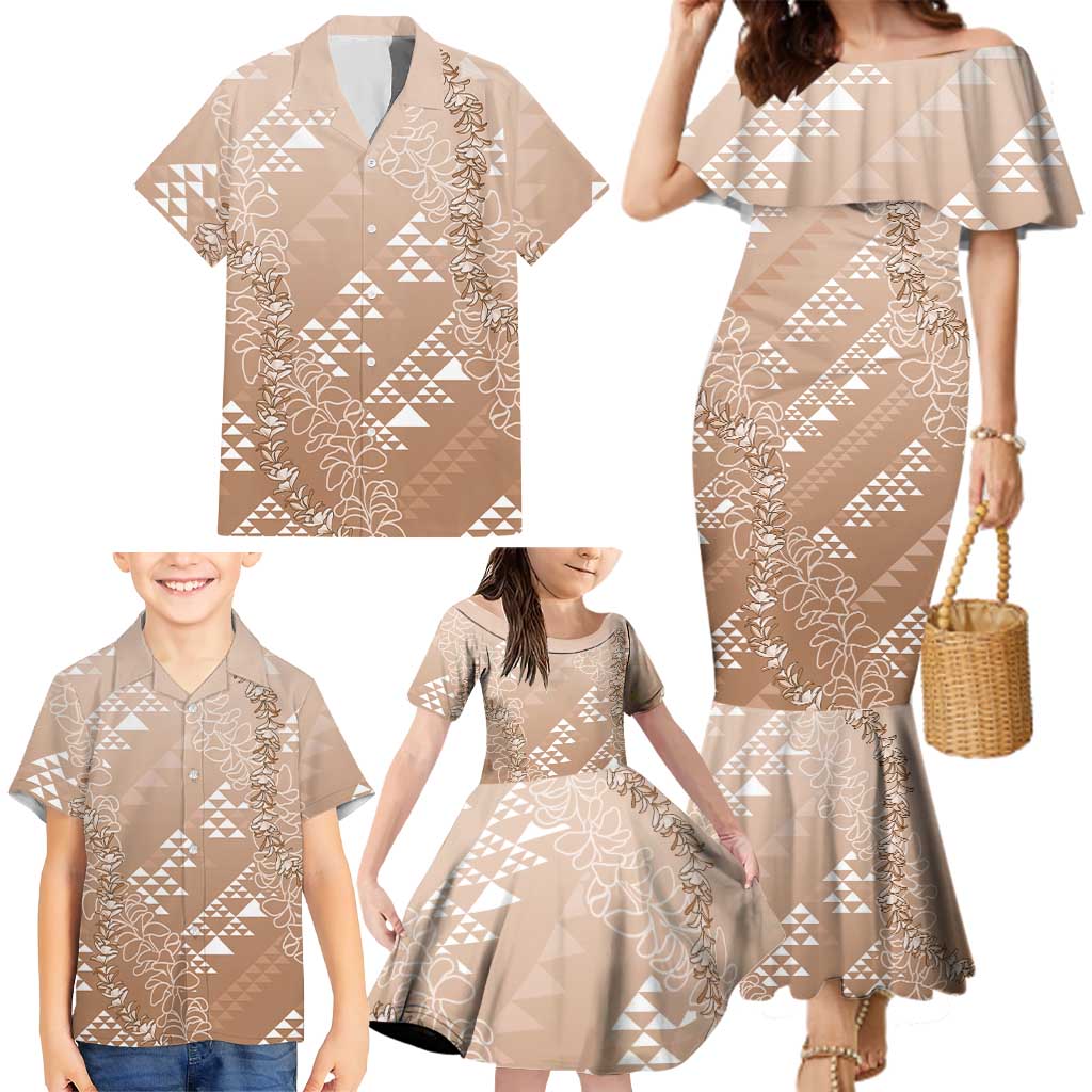 Hawaii Beige Kapa Family Matching Mermaid Dress and Hawaiian Shirt Vintage 'Ohe Kāpala Motifs Mix Plumeria Leis LT7 - Polynesian Pride
